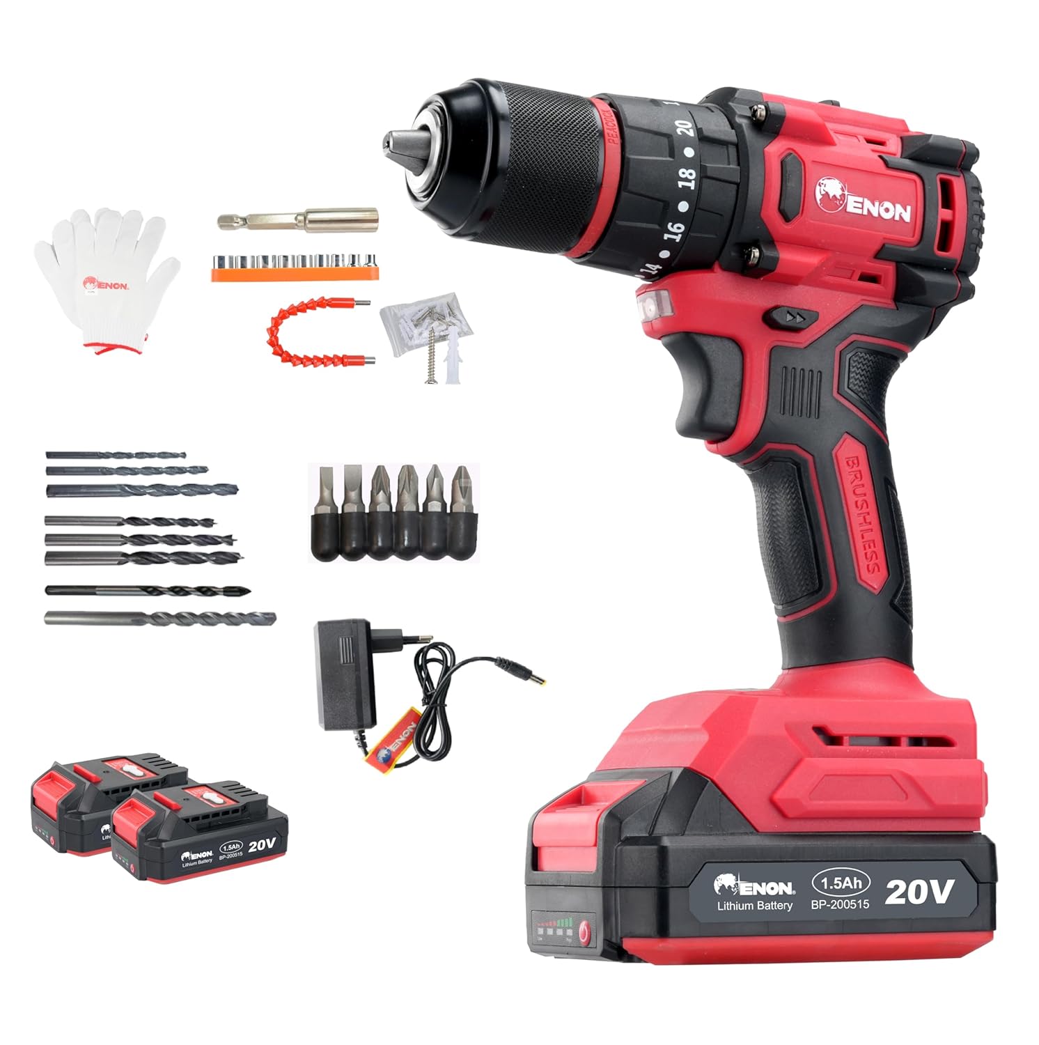 Enon Cordless 20V, Brushless Drill for Home Use, 1450Rpm, Keyless Chuck 13mm, 20 Level Torque, F/R Trigger, 2 Speed Modes, 2X1.5Ah Batteries, Kit for Wood, Ceramic 6 Month Warranty (XE-BL2012) Enon Cordless 20V, Brushless Drill for Home Use, 1450Rpm, Keyless Chuck 13mm, 20 Level Torque, F/R Trigger, 2 Speed Modes, 2X1.5Ah Batteries, Kit for Wood, Ceramic 6 Month Warranty (XE-BL2012)